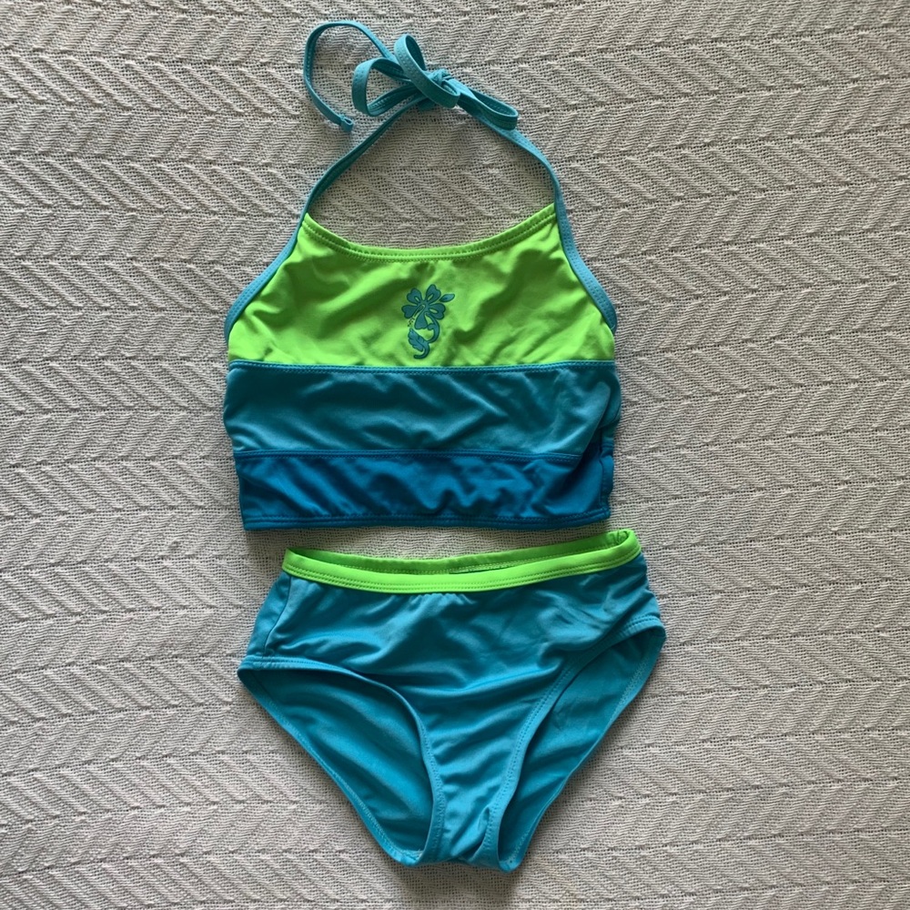 Girls Neon Blue Halter Tie Tankini Set